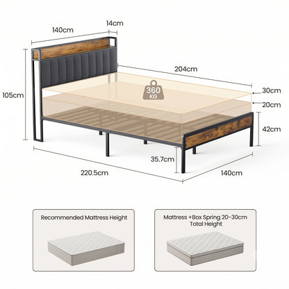 Lit double élégant et tendance en bois rembourré avec cadre en métal, support à lattes en bois et tête de lit ergonomique - Parfait pour n'importe quelle chambre (Gris foncé, Gris)
