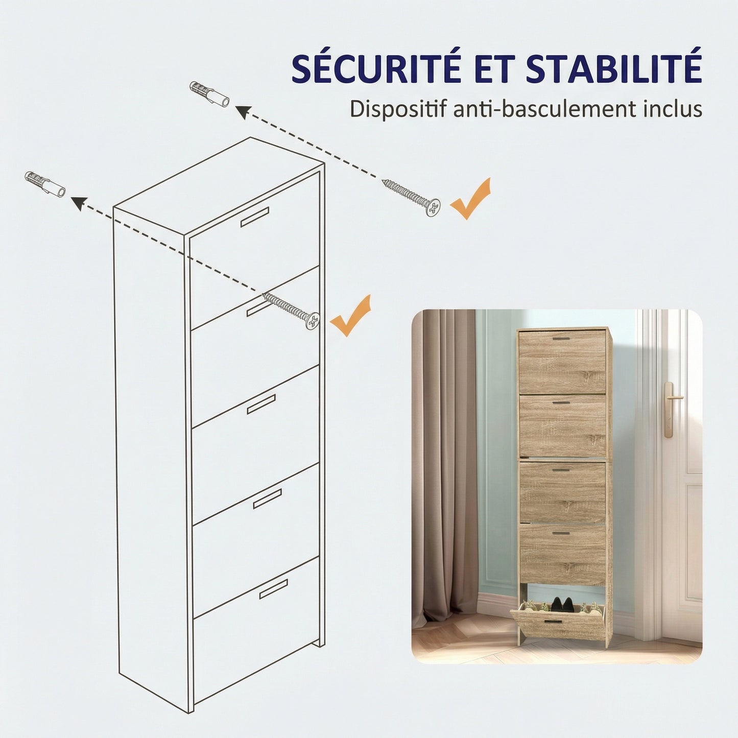 Meuble à chaussures fin avec 5 compartiments à rabat, armoire à chaussures en bois pour jusqu'à 15 paires, organisateur d'entrée peu encombrant