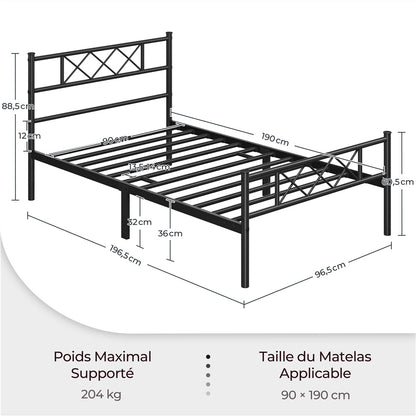 Costoffs Cadre de Lit en Métal Moderne - Structure à 6 Pieds avec Tête de Lit Design en Forme X - Sommier à Lattes Métalliques et Grand Espace de Rangement Sous-lit - Idéal pour Chambre d'Invite, Dortoir ou Appoint - Style Industriel Élégant