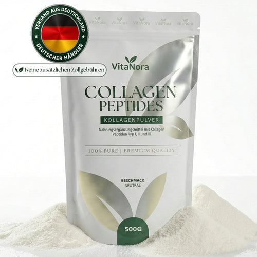 Poudre de Collagène 500g – Qualité Supérieure Expédiée d'Allemagne – Dose Élevée, Testée en Laboratoire, Très Soluble – Peptides de Collagène Type 1, 2, 3 – Populaire pour la Peau, les Cheveux, les Ongles et les Articulations – Hydrolysat de Collagène Écl