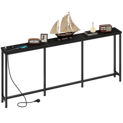 Table Console Moderne Industrielle Étroite avec Station de Chargement et Ports USB - Bois Ingénierie Robuste et Métal, Idéale pour Entrée, Salon, Table de Canapé, Bureau de Chargement USB pour Hall, Couloirs, Entrées