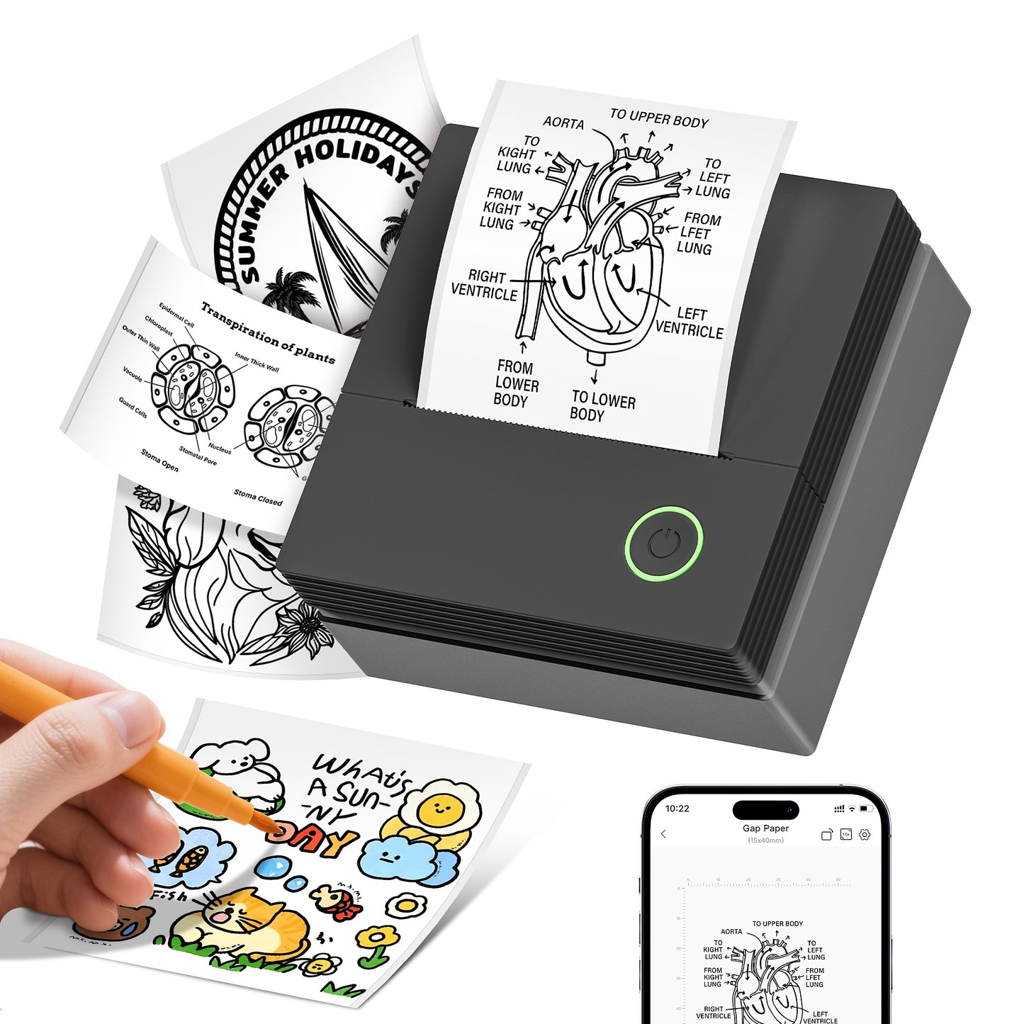 PM290CB Étiqueteuse sans fil portable et mini imprimante à main pour bureau et maison, compatible avec papier thermique, plus de 30 modèles gratuits, plus de 90 polices, impression de codes-barres, imprimante à papier thermique pour notes, journaux, reçus