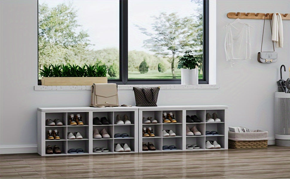 Banc de Rangement pour Chaussures, Siège avec Étagère, Incluant un Meuble, Coussins Rembourrés, Doté de 12 Compartiments, Convient aux Salons, Couloirs et Chambres, dans une Couleur Blanc-Gris
