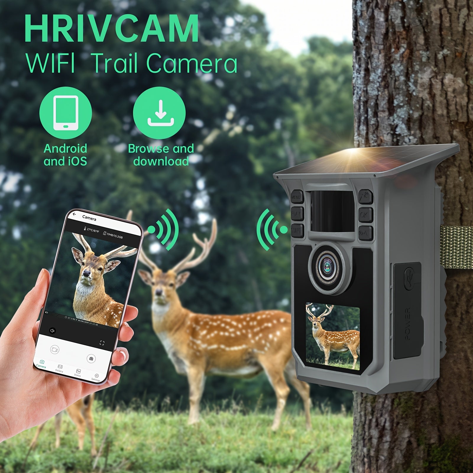 Caméra de Chasse 4K 64MP avec Vision Nocturne, Détection de Mouvement en 0,2s & 130°, Caméra de Jeu WiFi avec Écran, Panneau Solaire & Batterie de Secours pour Chasse, Surveillance de la Faune, Montage sur Arbre (Alertes Intelligentes via Application Mobi