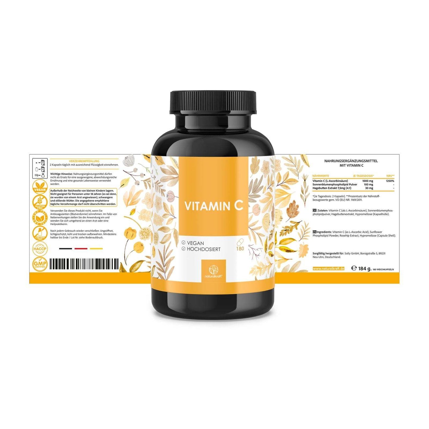 NATURALKRAFT® Vitamine C Premium 1000 Mg Par Dose Quotidienne avec Poudre de Phospholipide de Tournesol et Extrait de Mûrier - 180 Capsules Véganes - Plus Haute Bio-disponibilité, Testé en Laboratoire et Sans Additifs.