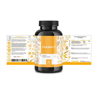 NATURALKRAFT® Vitamine C Premium 1000 Mg Par Dose Quotidienne avec Poudre de Phospholipide de Tournesol et Extrait de Mûrier - 180 Capsules Véganes - Plus Haute Bio-disponibilité, Testé en Laboratoire et Sans Additifs.