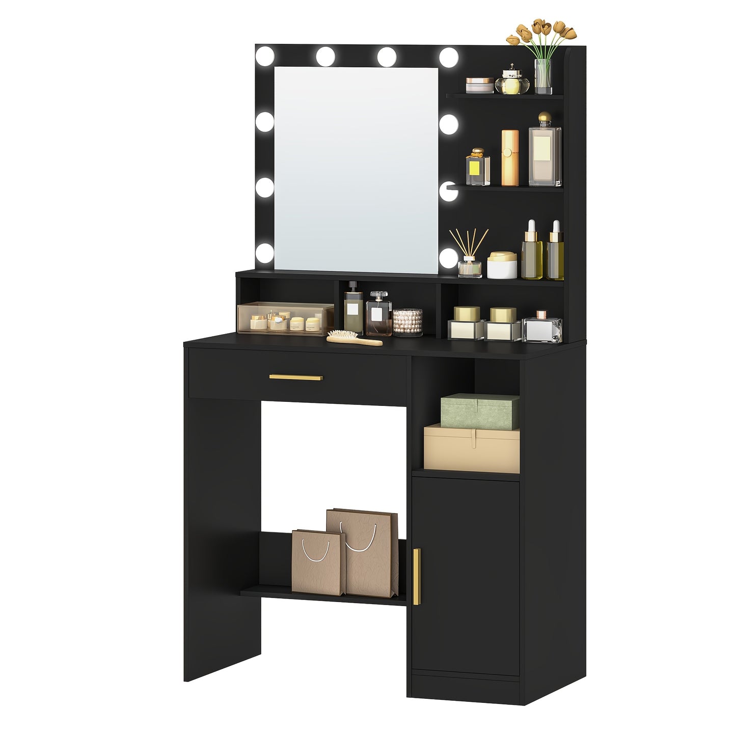 Coiffeuse avec Miroir et 10 Lumières LED, Coiffeuse avec 3 Étagères et 4 Compartiments Ouverts, Coiffeuse avec Grand Tiroir et Placard, 3 Niveaux d'Éclairage Réglables, Blanc, Gris Beige