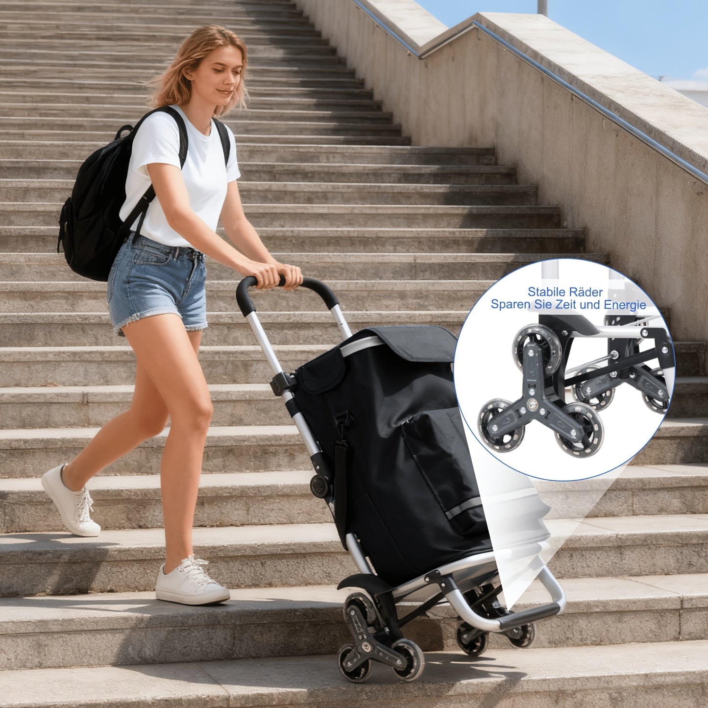Chariot de courses 3 roues pour escaliers avec poignée réglable en hauteur, compartiment isotherme et porte-gobelet, 3 en 1 pour camping et provisions