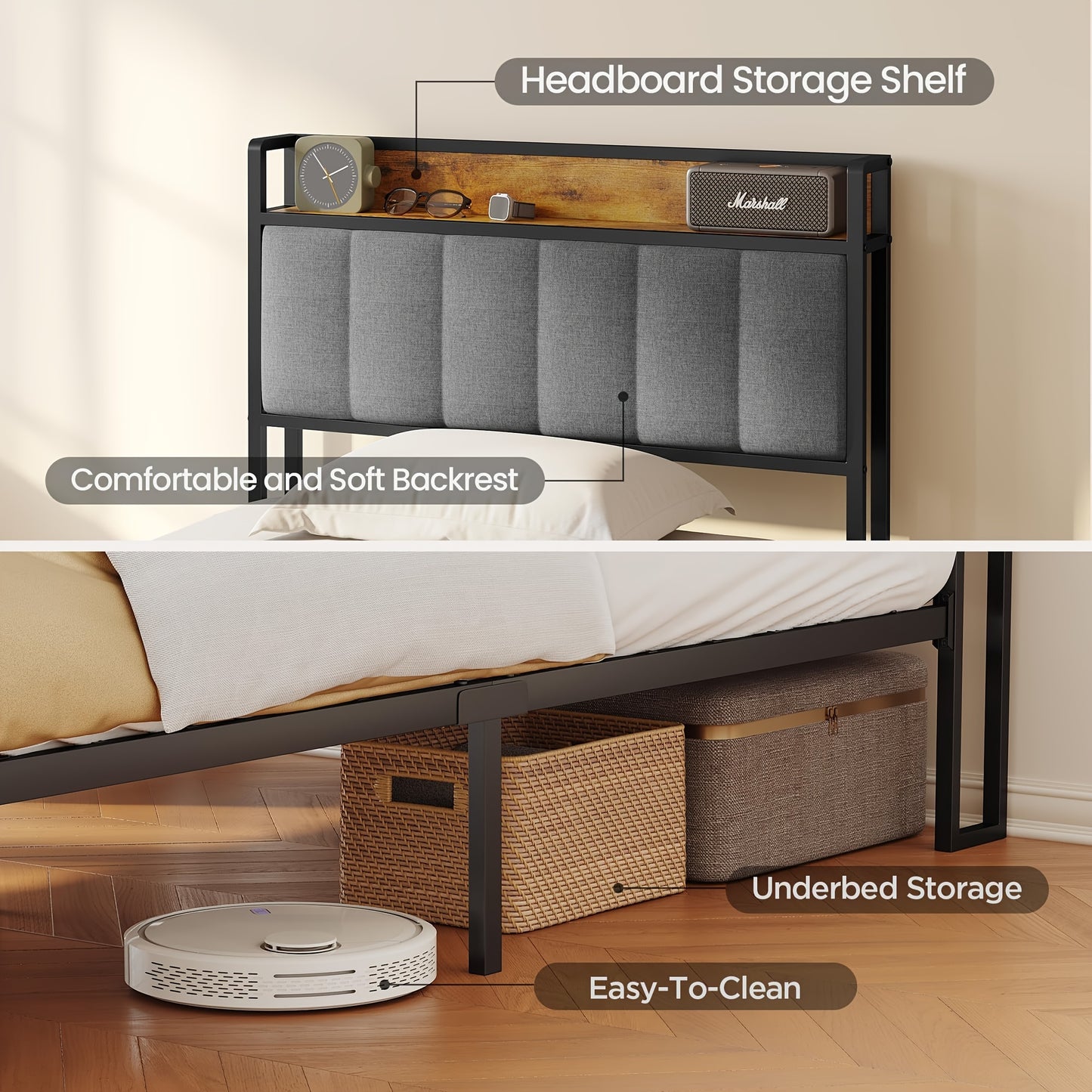 Lit double élégant et tendance en bois rembourré avec cadre en métal, support à lattes en bois et tête de lit ergonomique - Parfait pour n'importe quelle chambre (Gris foncé, Gris)