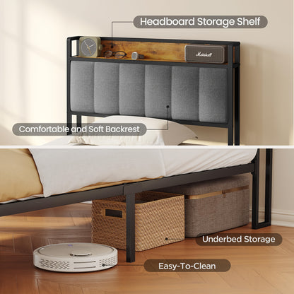 Lit double élégant et tendance en bois rembourré avec cadre en métal, support à lattes en bois et tête de lit ergonomique - Parfait pour n'importe quelle chambre (Gris foncé, Gris)