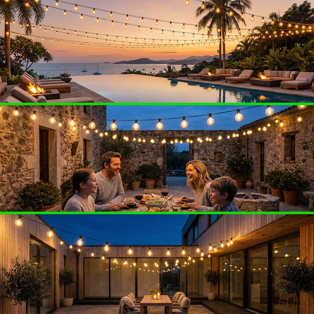 Guirlande Lumineuse Solaire LED G40 30M/20M/15M Blanc Chaud 8 Modes d'Éclairage Anti-chute et plus durable - Guirlandes Solaires d'Extérieur pour Jardin Cour Patio Décoration de Fête de Mariage Inclut des Ampoules de Rechange, Alimentation de Batterie à L
