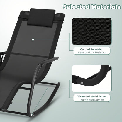 Chaise à bascule de jardin Chaise de jardin Meuble d'extérieur Balançoire simple pour balcon et jardin Fauteuil de repos polyvalent avec rangement en gris et noir, chaise de loisirs amovible avec oreiller tête, capacité de charge élevée jusqu'à 150 kg ada