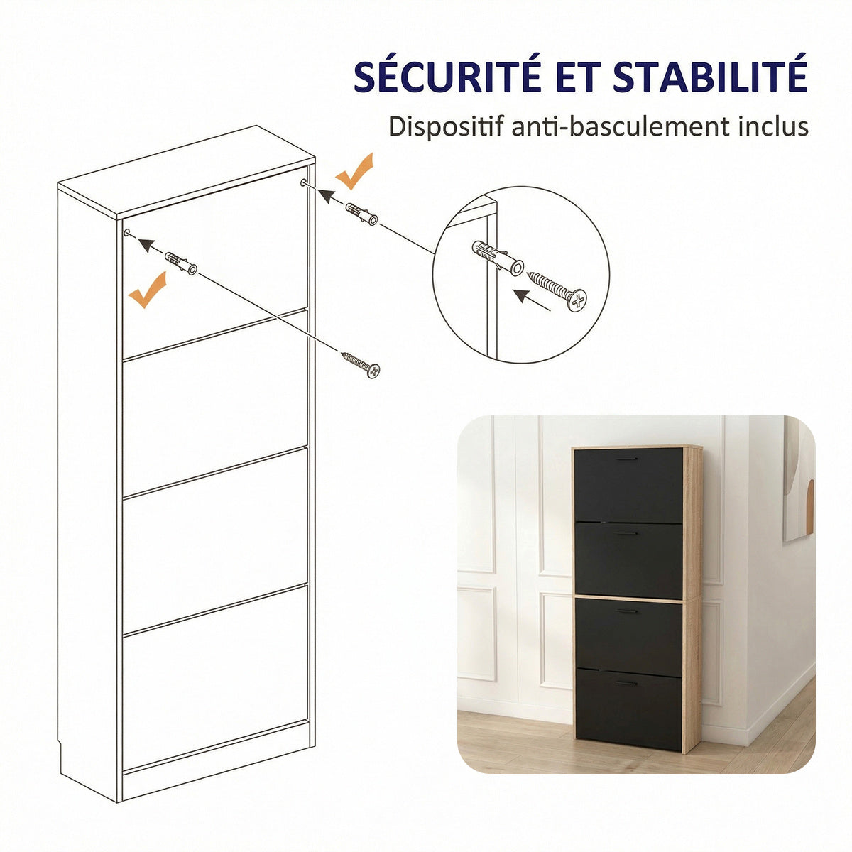 Meuble à chaussures avec 4 compartiments à rabat, armoire à chaussures en bois pour jusqu'à 24 paires, organisateur d'entrée peu encombrant