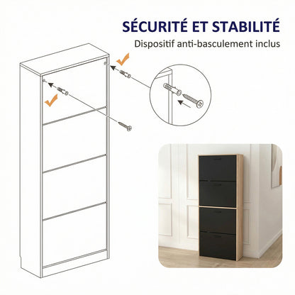 Meuble à chaussures avec 4 compartiments à rabat, armoire à chaussures en bois pour jusqu'à 24 paires, organisateur d'entrée peu encombrant