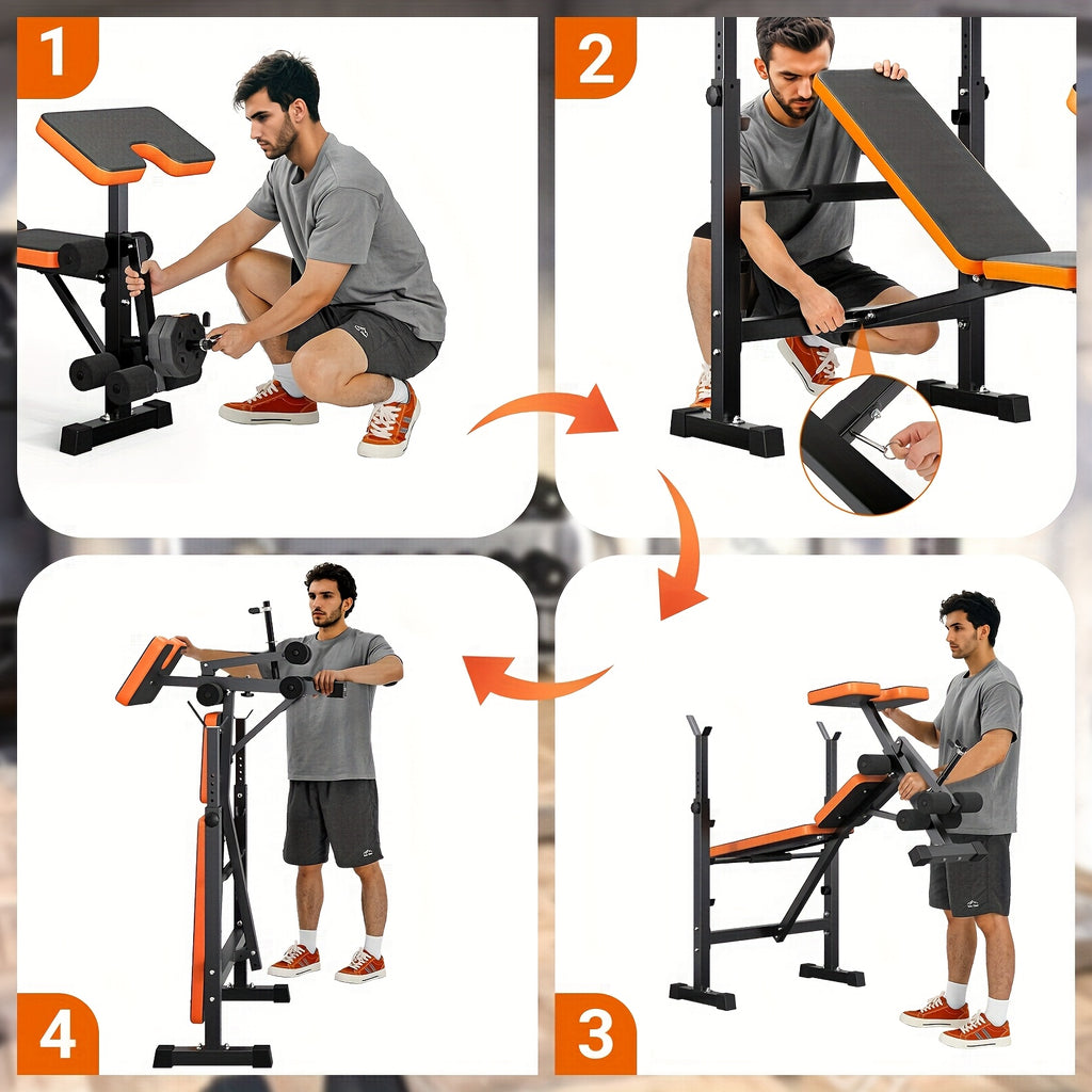 Ensemble de banc de musculation à poids réglable pesant 272.16 KG, comprenant un support de squat, un banc d'entraînement avec développeur de jambes et un preacher curl, conçu pour une utilisation en salle de sport à domicile en noir et orange