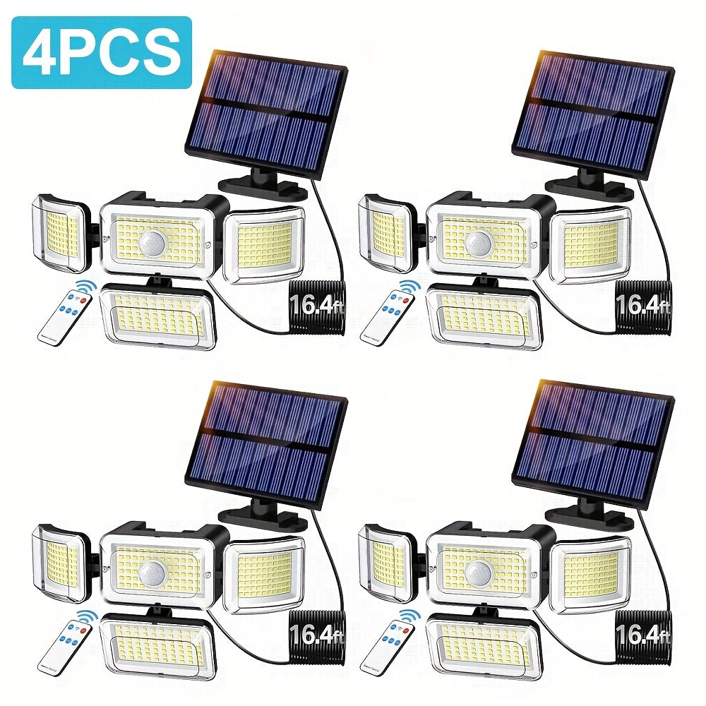 Lot de 2/4 pièces lampes solaires extérieures à détection de mouvement avec télécommande, 288 LED, lampe murale solaire avec 4 modes d'éclairage, projecteur de sécurité à angle large 270°, sans câblage requis, pour garage, jardin, allée, terrasse