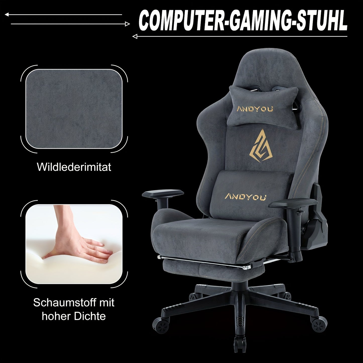 ANDYOU Chaise Gaming, Chaise de Bureau Respirante, Tissu de Haute Qualité Doux et Similar à la Fourrure Synthétique. Chaise PC Ergonomique, Chaises de Travail Pivotantes Réglables avec Repose-Pieds