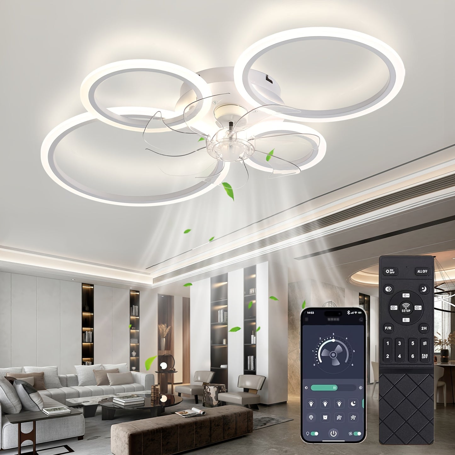 Plafonnier Ventilateur Moderne LED 6 Vitesses Dimmable avec Ventilateur, Luminaire de Plafond Dimmable à Température Variable avec Ventilateur, Idéal pour Chambre, Salon, Salle à Manger