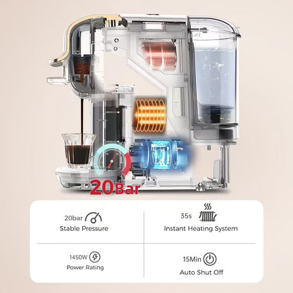 Machine à café capsule 4-en-1 Cafelffe, 20 bar automatique pour machine à café domestique avec préparation à chaud et à froid, compatible avec les capsules Nes*/DG* / les dosettes ESE / le café moulu, chauffage instantané pour une préparation rapide, tail