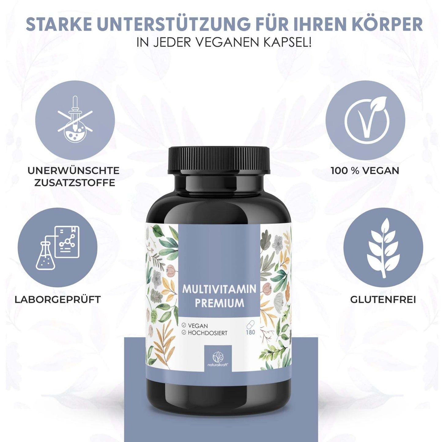 NATURALKRAFT® Multivitamines Premium - Complexe A-Z à haute dose, 180 capsules véganes avec vitamines et minéraux essentiels, incluant la vitamine C, D3, B12, le zinc, le magnésium et les OPC - Testé en laboratoire