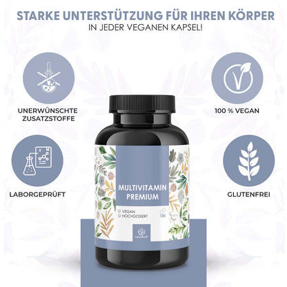NATURALKRAFT® Multivitamines Premium - Complexe A-Z à haute dose, 180 capsules véganes avec vitamines et minéraux essentiels, incluant la vitamine C, D3, B12, le zinc, le magnésium et les OPC - Testé en laboratoire