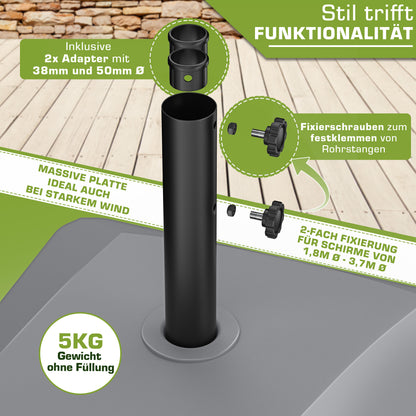 Tillvex® Support de Parasol GRAVIA avec Roues et Freins | Support de Parasol Remplissable 37 Litres / 56 kg | Adapté aux Parasols de Soleil et de Marché Ø 1,8-3,7 m | Roulable, Résistant aux Intempéries et aux UV pour Balcon, Terrasse, Jardin, Petits et G