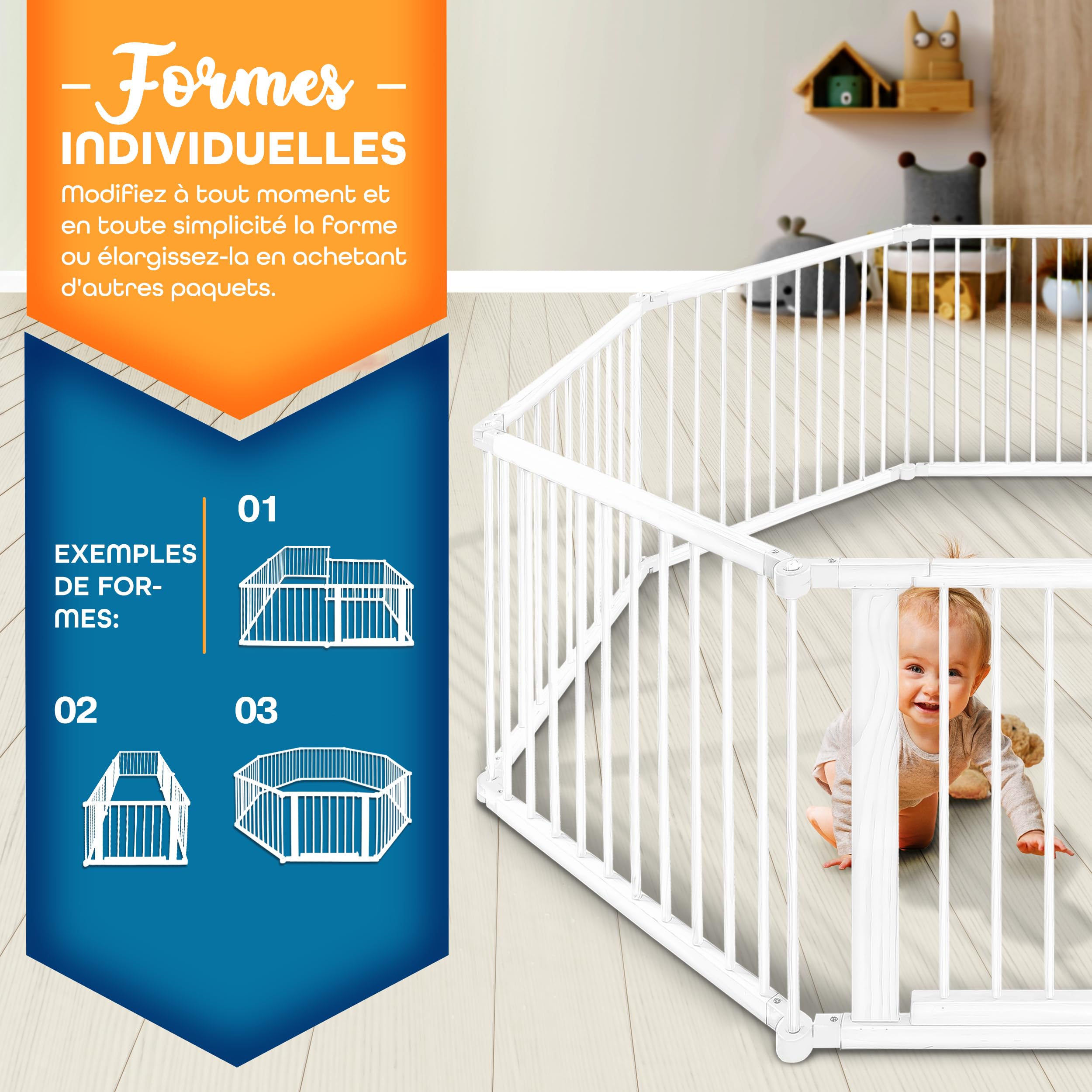 KIDUKU® Parc bébé pliable XXL de 7,2 mètres avec porte | Parc en bois avec double sécurité | Parc pliable pour enfants avec 8 éléments