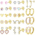 2D Plat - 14 Paires de Boucles d'Oreilles Plat Hypoallergéniques pour Femmes | Acier Inoxydable Chirurgical, Plaqué Or 14K, Zircone Synthétique, Style Élégant et Facile - Ensemble de Boucles d'Oreilles Platback Mignonnes, Petites Boucles d'Oreilles