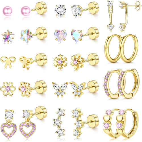 2D Plat - 14 Paires de Boucles d'Oreilles Plat Hypoallergéniques pour Femmes | Acier Inoxydable Chirurgical, Plaqué Or 14K, Zircone Synthétique, Style Élégant et Facile - Ensemble de Boucles d'Oreilles Platback Mignonnes, Petites Boucles d'Oreilles