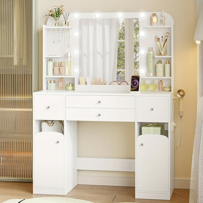 Coiffeuse avec Éclairage LED, Prise et Porte-Sèche-Cheveux, Grand Plateau de 108 cm, 2 Grands Tiroirs avec Plateau à Bijoux, 2 Armoires, 40 x 108 x 144 cm, Blanc