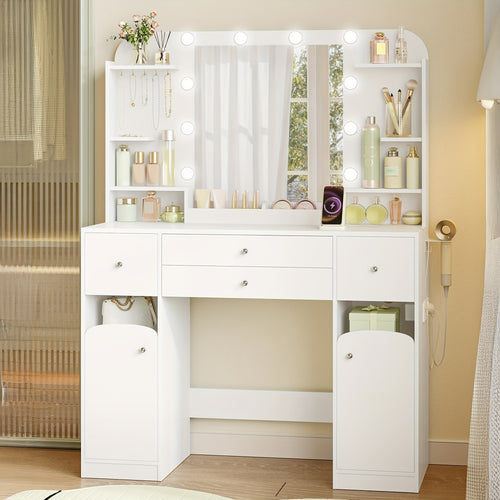 Coiffeuse avec Éclairage LED, Prise et Porte-Sèche-Cheveux, Grand Plateau de 108 cm, 2 Grands Tiroirs avec Plateau à Bijoux, 2 Armoires, 40 x 108 x 144 cm, Blanc