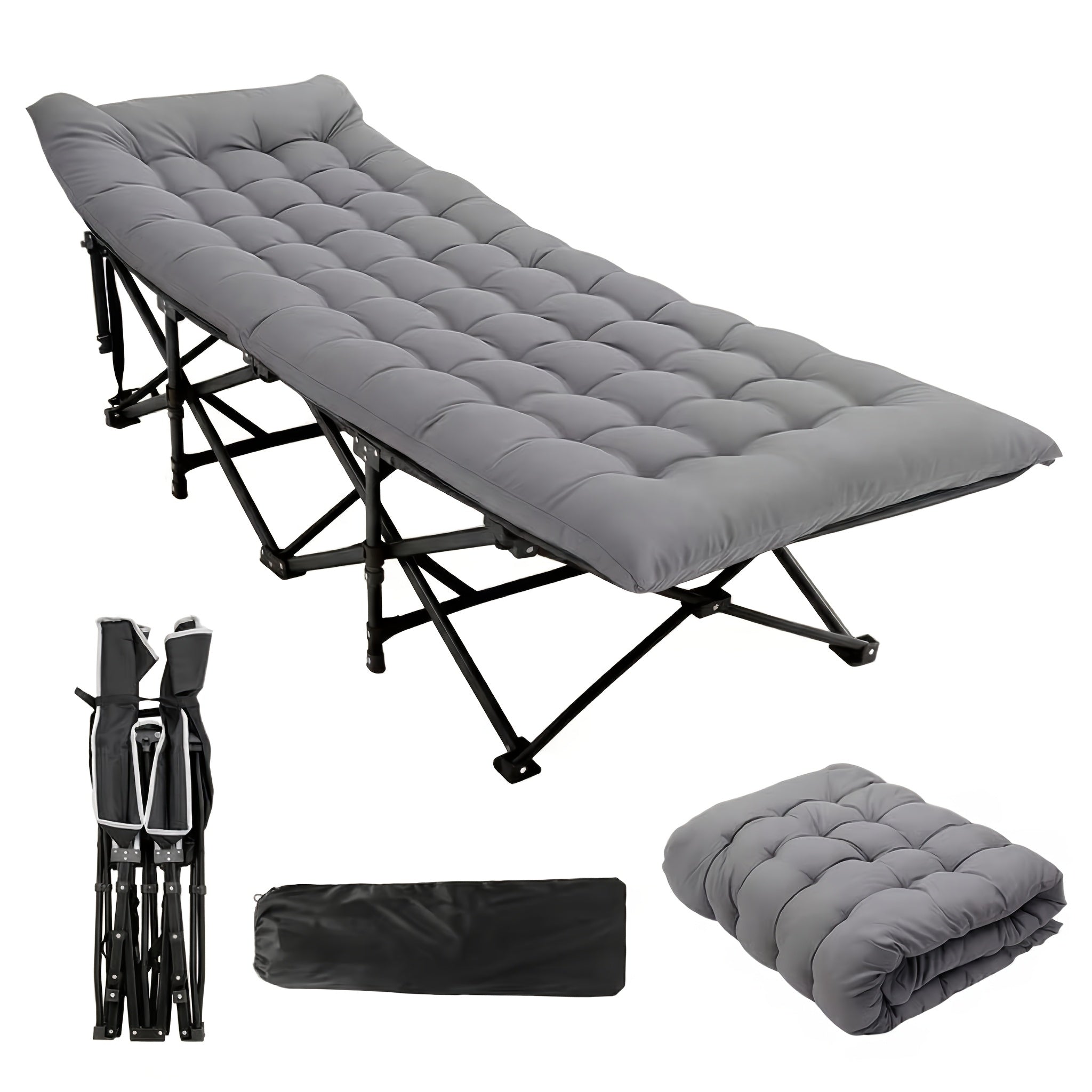 Lit de camping portable, charge maximale de 150 kg, extra large avec matelas épais, lit pliant pour camping en plein air/bureau, sieste à la maison