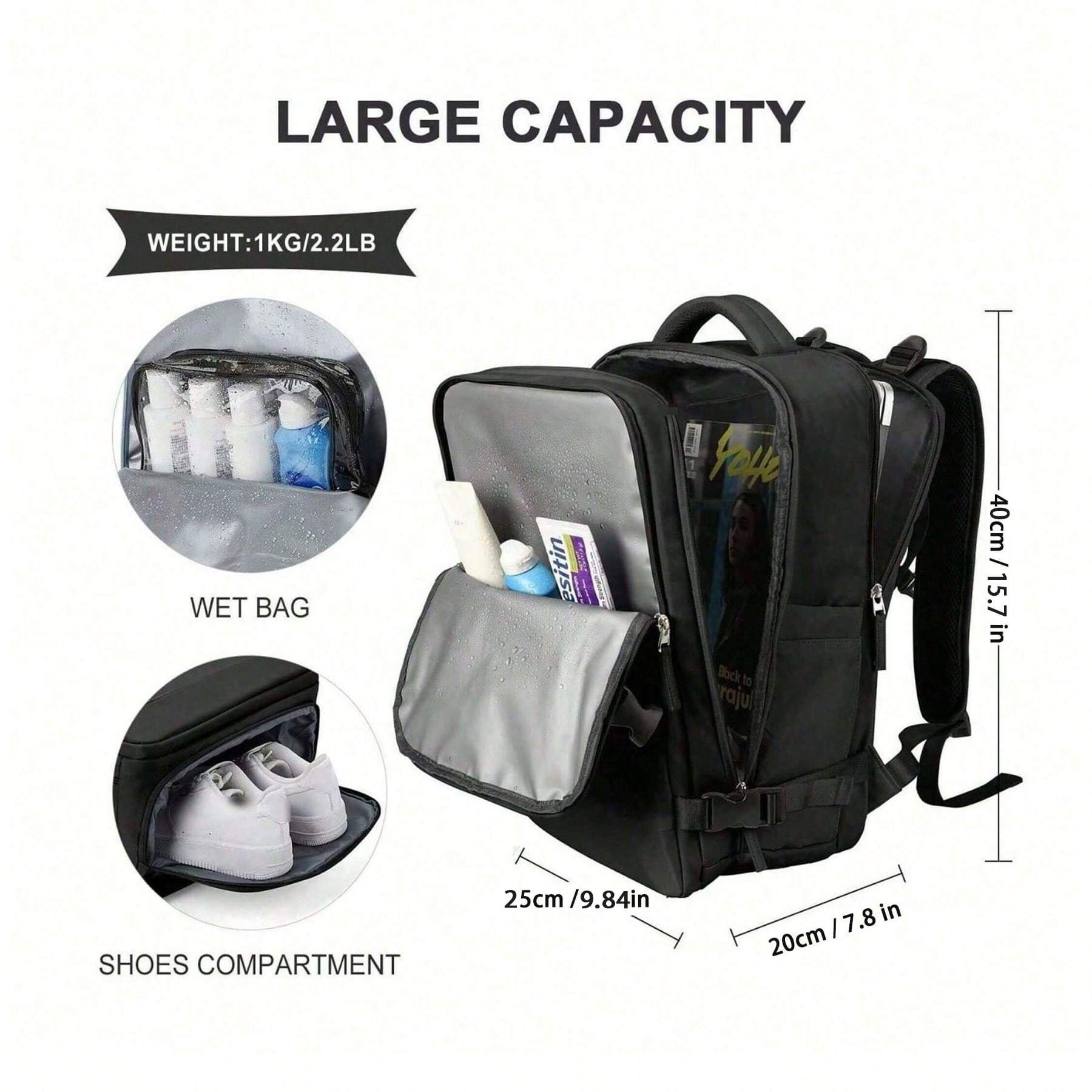 Sac à dos de voyage extra large, 40×25×20 cm, bagage cabine. Compartiment à chaussures séparé intégré, sac à dos grande capacité.