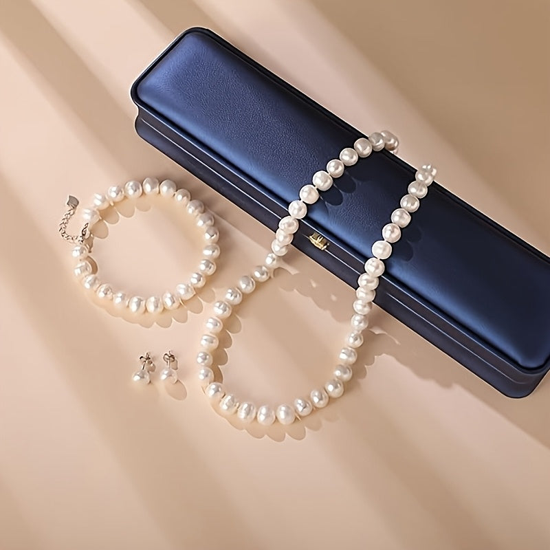 Ensemble de Perles d'Eau Douce avec Collier, Bracelet et Boucles d'Oreilles | Perles d'Eau Douce Cultivées | Fermoir en Argent 925 | Cadeau pour la Fête des Mères & Anniversaire | 45+5cm