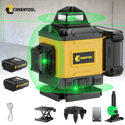 Niveau laser autodresseur 4D professionnel Conentool avec ou sans trépied robuste et barre d'extension, projecteur de lignes horizontales/verticales 16 lignes, options batterie/affichage LCD, base rotative 360° adapté au bricolage et à la rénovation