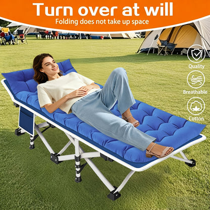 Lit de camping pliant extra large avec matelas, lit de voyage portable pour extérieur, plage, jardin, pêche, vacances, cadre en fer durable et matelas rembourré doux pour la chasse, le camping, la plage, le jardin