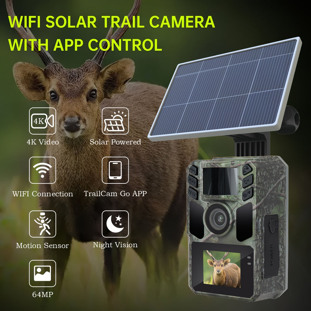 Caméra de Trail WiFi Solaire - Caméra de Chasse Rechargeable avec Batterie Intégrée 5000mAh - Vision Nocturne 4K 64MP pour Surveillance Faune, Inclut Carte Mémoire 64GB
