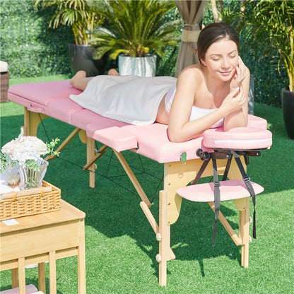 Costoffs Table de Massage Professionnelle 3 Sections Pliable - Hauteur Réglable (8 Niveaux) - Structure en Bois de Hêtre Rose Massif 250kg - Avec Dossier/Têtière/Repose-bras - Pour Clinique, Domicile, Salon de Beauté & Spa