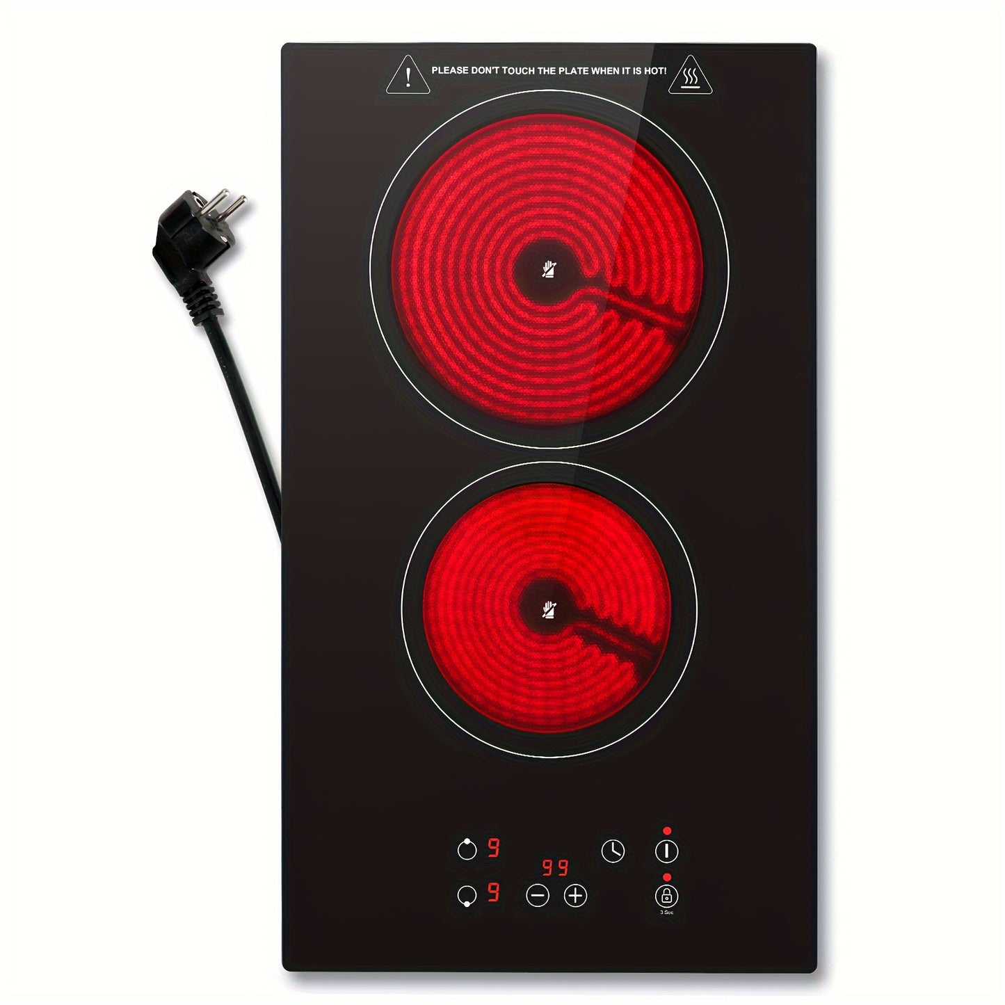 Plaque de cuisson électrique portable en céramique à double anneau, 2 brûleurs, 3000W, 30cm, intégrée et de comptoir, contrôle tactile, verrouillage de sécurité, minuterie 1-99 min, 9 niveaux de puissance, noir