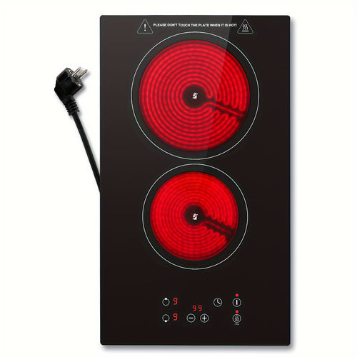 Plaque de cuisson électrique portable en céramique à double anneau, 2 brûleurs, 3000W, 30cm, intégrée et de comptoir, contrôle tactile, verrouillage de sécurité, minuterie 1-99 min, 9 niveaux de puissance, noir
