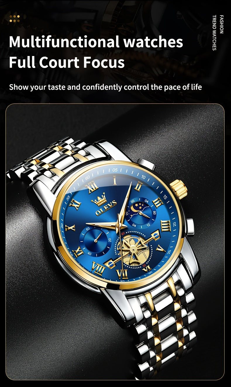 Montres pour Hommes OLEVS Montre à Quartz de Luxe avec Bracelet en Acier Inoxydable, Numéros Romains et Phases Lunaires Lumineuses, Classique Élégante, Cadeaux Romantiques de Noël, Relojes de Hombre Bleu/Noir/Blanche/Cadran Doré