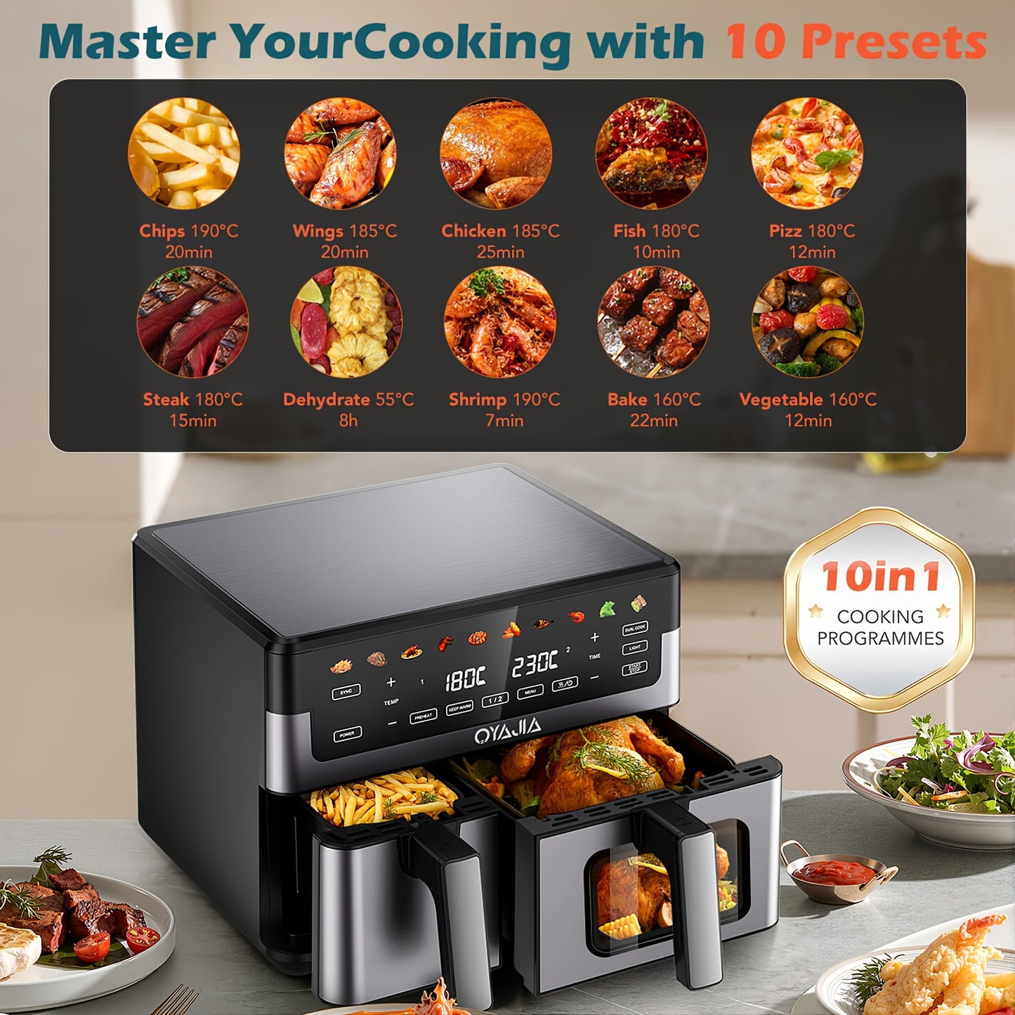 Friteuse à air 10/11L avec deux paniers flexibles, écran tactile numérique, 8 modes de cuisson, température réglable, fenêtre de visualisation, lavable au lave-vaisselle et technologie de cuisson saine pour les familles et la préparation des repas