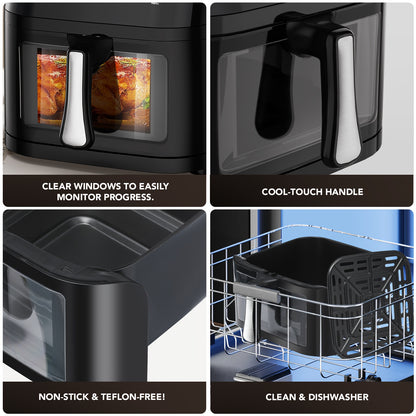 Friteuse à air visible avec fenêtre 10.5L, Technologie à air rapide, 90% moins d'huile, Économie d'énergie, 7 profils prédéfinis, Antiadhésive, Lavable au lave-vaisselle, Affichage numérique, Bouton +1 minute, Puissance 1800W