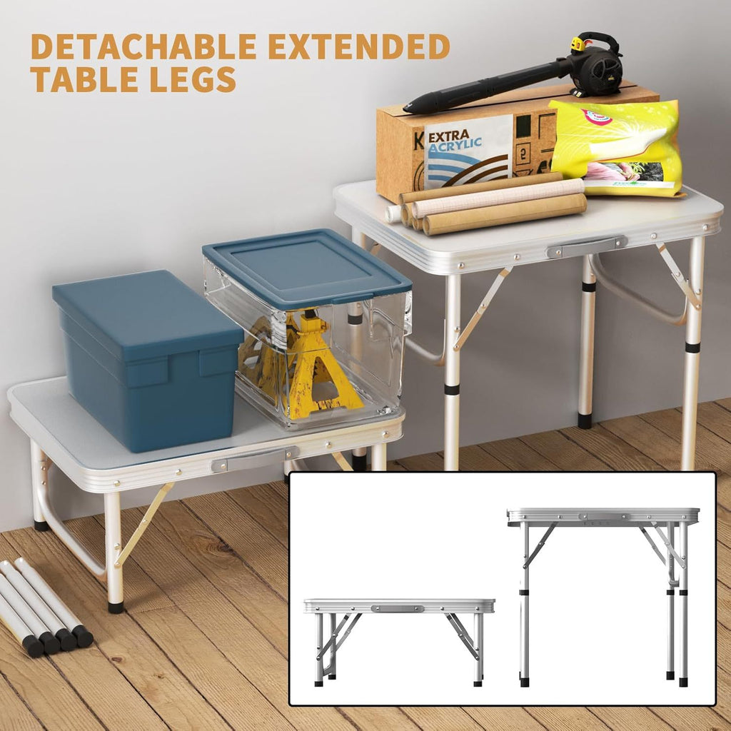 Table pliante 2 pieds robuste à hauteur réglable, table de camping portable avec poignée de transport, pour intérieur extérieur jardin fête BBQ 60x45x26/56 cm en aluminium, bureau BBQ pour cuisine extérieure