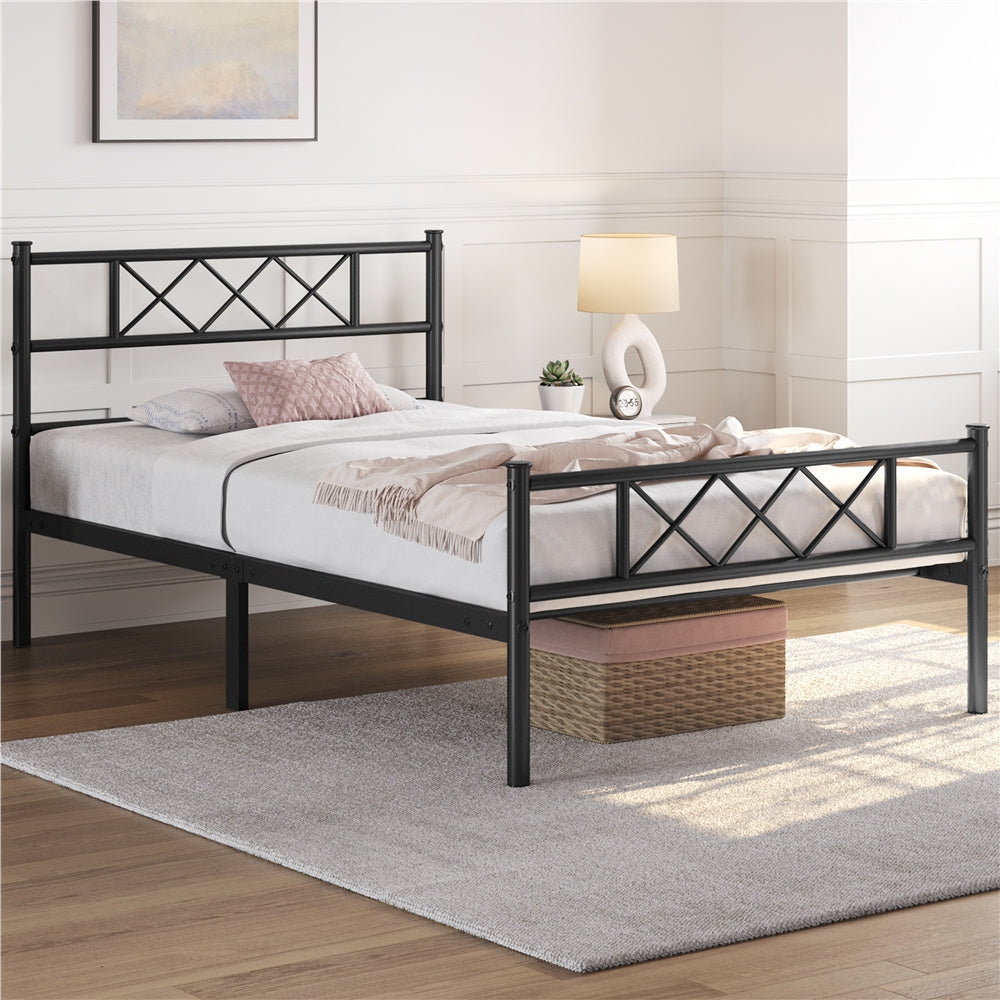 Costoffs Cadre de Lit en Métal Moderne - Structure à 6 Pieds avec Tête de Lit Design en Forme X - Sommier à Lattes Métalliques et Grand Espace de Rangement Sous-lit - Idéal pour Chambre d'Invite, Dortoir ou Appoint - Style Industriel Élégant