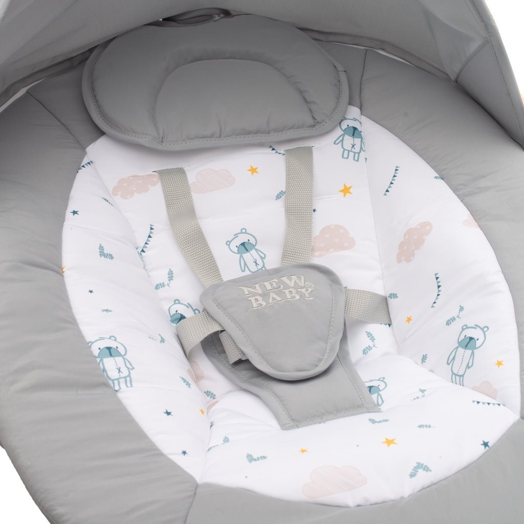 Bercelle à bascule électrique rotative à 360° Teddy Plus, chaise longue confortable avec vibrations, mélodies, minuterie, cadre en métal robuste, capacité de poids jusqu'à 9 kg, gris