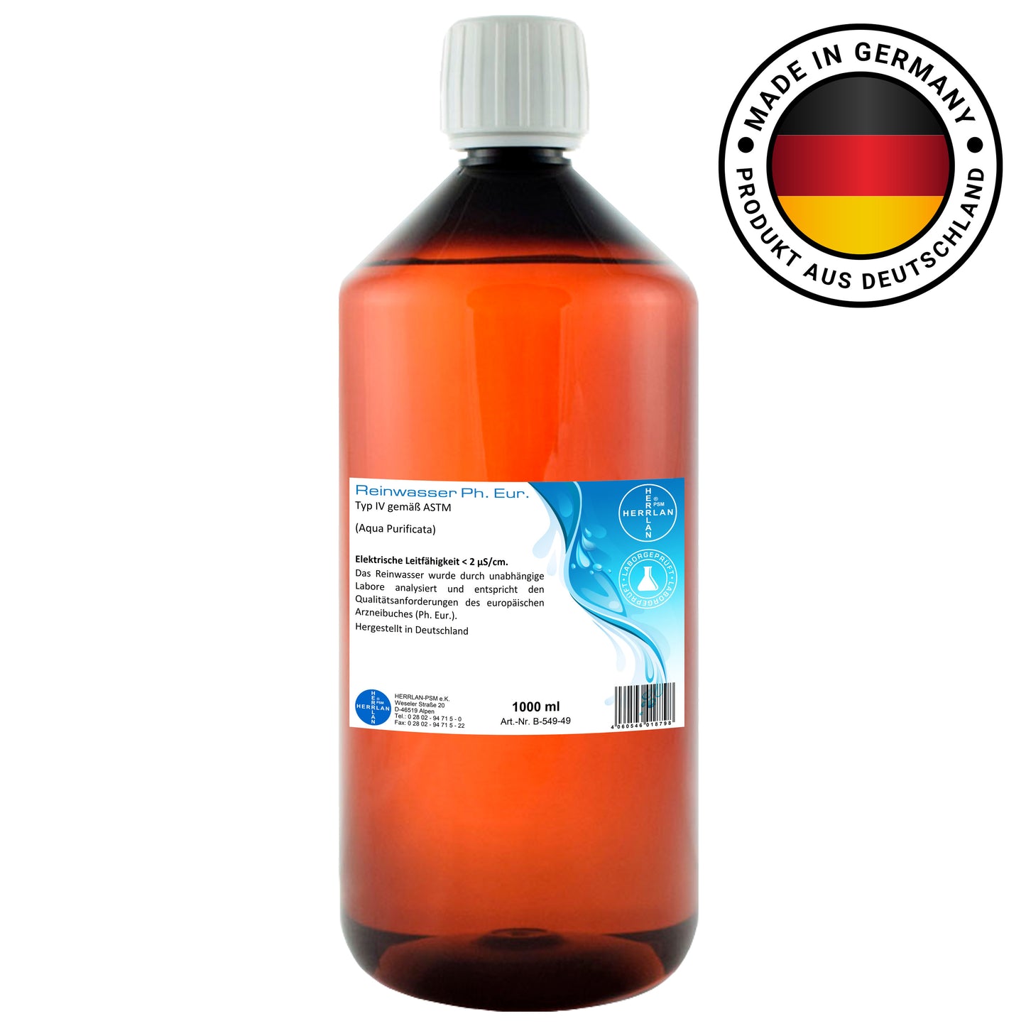 Eau distillée HERRLAN - Eau purifiée - 1 à 10 litres - Eau de laboratoire de haute pureté en qualité pharmaceutique - Fabriqué en Allemagne