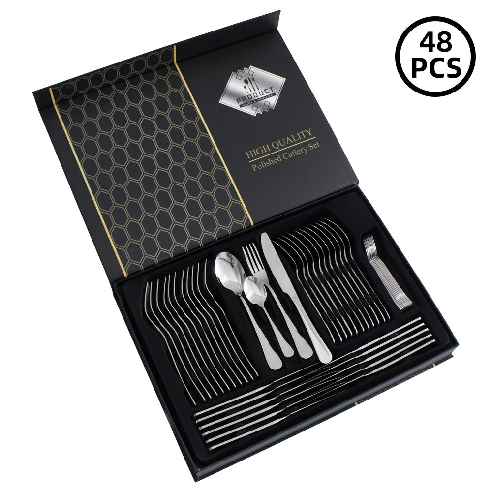 Ensemble de couverts ronds en acier inoxydable 48 pièces pour 12 personnes, ensemble de couverts de qualité alimentaire avec boîte cadeau, ensembles d'ustensiles à extrémités miroir pour restaurant à domicile, lavable au lave-vaisselle (argenté)