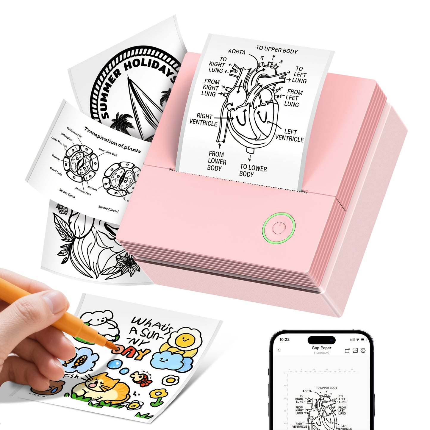 PM290CB Étiqueteuse sans fil portable et mini imprimante à main pour bureau et maison, compatible avec papier thermique, plus de 30 modèles gratuits, plus de 90 polices, impression de codes-barres, imprimante à papier thermique pour notes, journaux, reçus