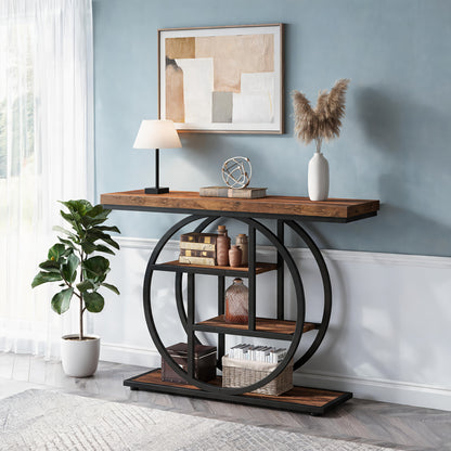 Table Console Moderne à 4 Niveaux avec Base Circulaire, Table d'Entrée Étroite en Bois avec Étagères de Rangement pour Salon, Couloir, Entrée